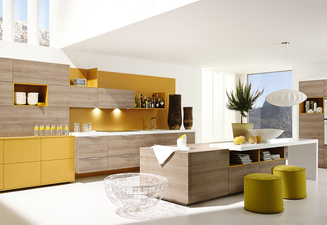 Alno-Plan in beech wood look finish, combined with Alno-Sund in textured yellow finish